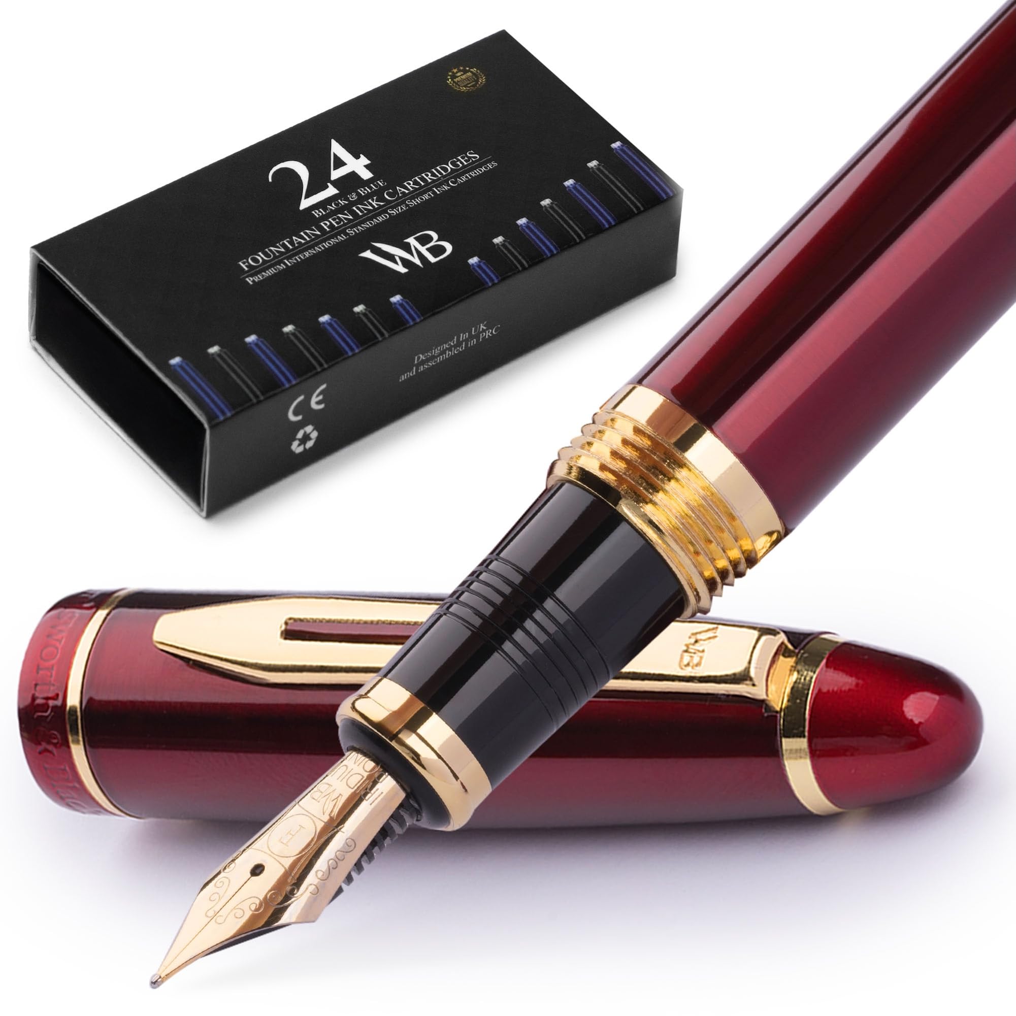 Wordsworth & Black Majesti Fountain Pen-(Red), Luxury Case, 24K Gold Finish; 18K Gilded Fine Nib- Ink Cartridges, Refillable Ink Converter-Calligraphy Pen-Best Business Gift Set for Men & Women