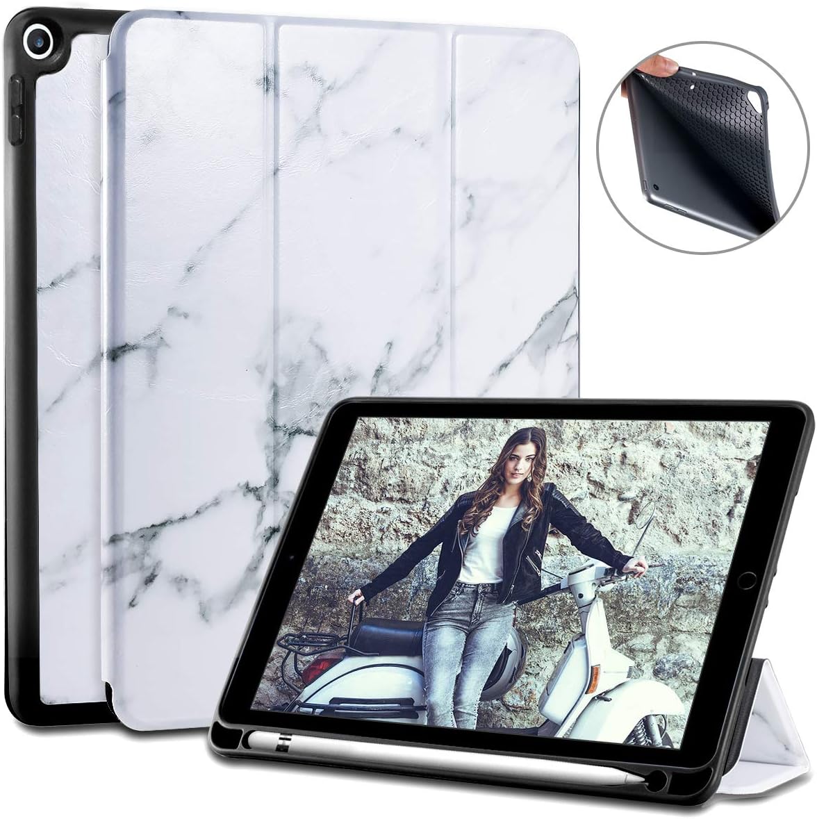 Lontect for iPad Mini 5th Gen Case 2019 Marble Design with Pencil Holder, Lightweight Soft TPU Back and Trifold Stand Smart Cover with Auto Sleep/Wake for iPad Mini 5 7.9" 2019, White Marble