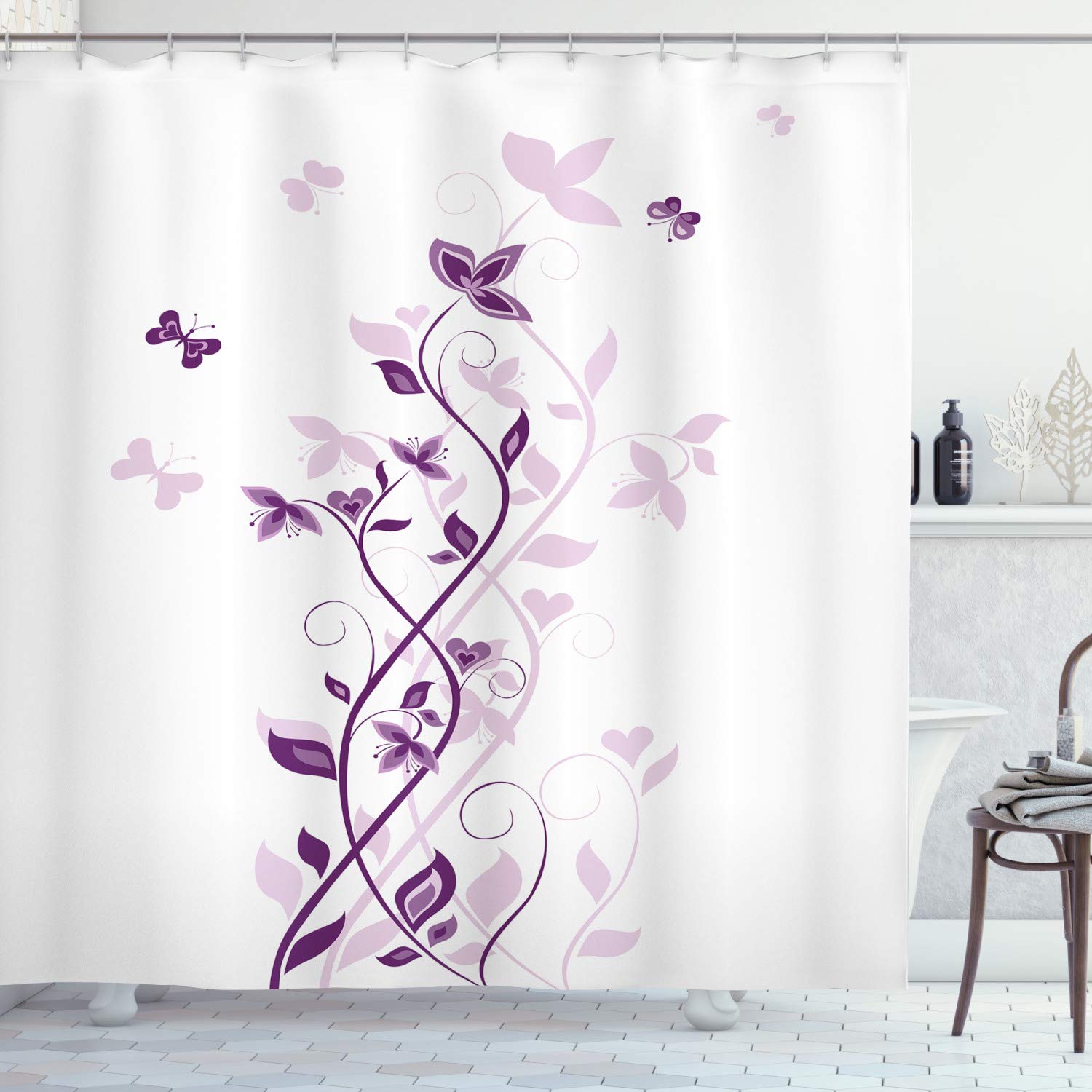 ABAKUHAUS Purple Shower Curtain, Violet Tree Swirling Persian Lilac Blooms with Butterfly Ornamental Plant Graphic, Cloth Fabric Bathroom Decor Set with Hooks, 94 Inches, Purple White