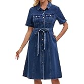 CIMUK Women's Denim Dress Button Down Short Sleeve Belted Casual Jean Shirt Dresses