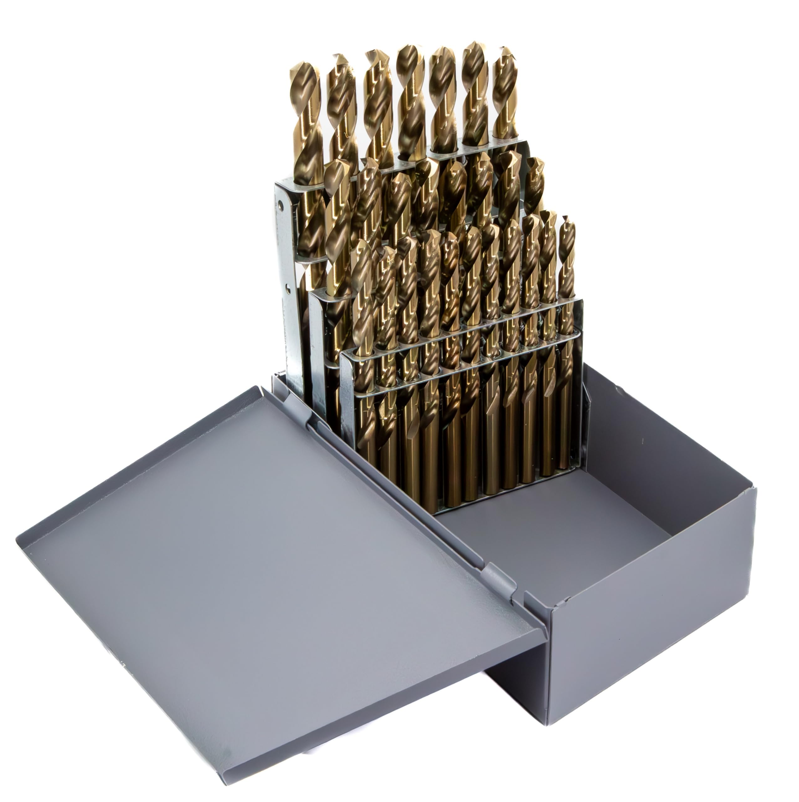 Drill America DWD26J-CO-SET Qualtech 26 Piece Cobalt Steel Jobber Length Drill Bit Set in Metal Case, Gold Oxide Finish, Round Shank, Spiral Flute, 135 Degrees Split Point (Pack of 1) โ image 1