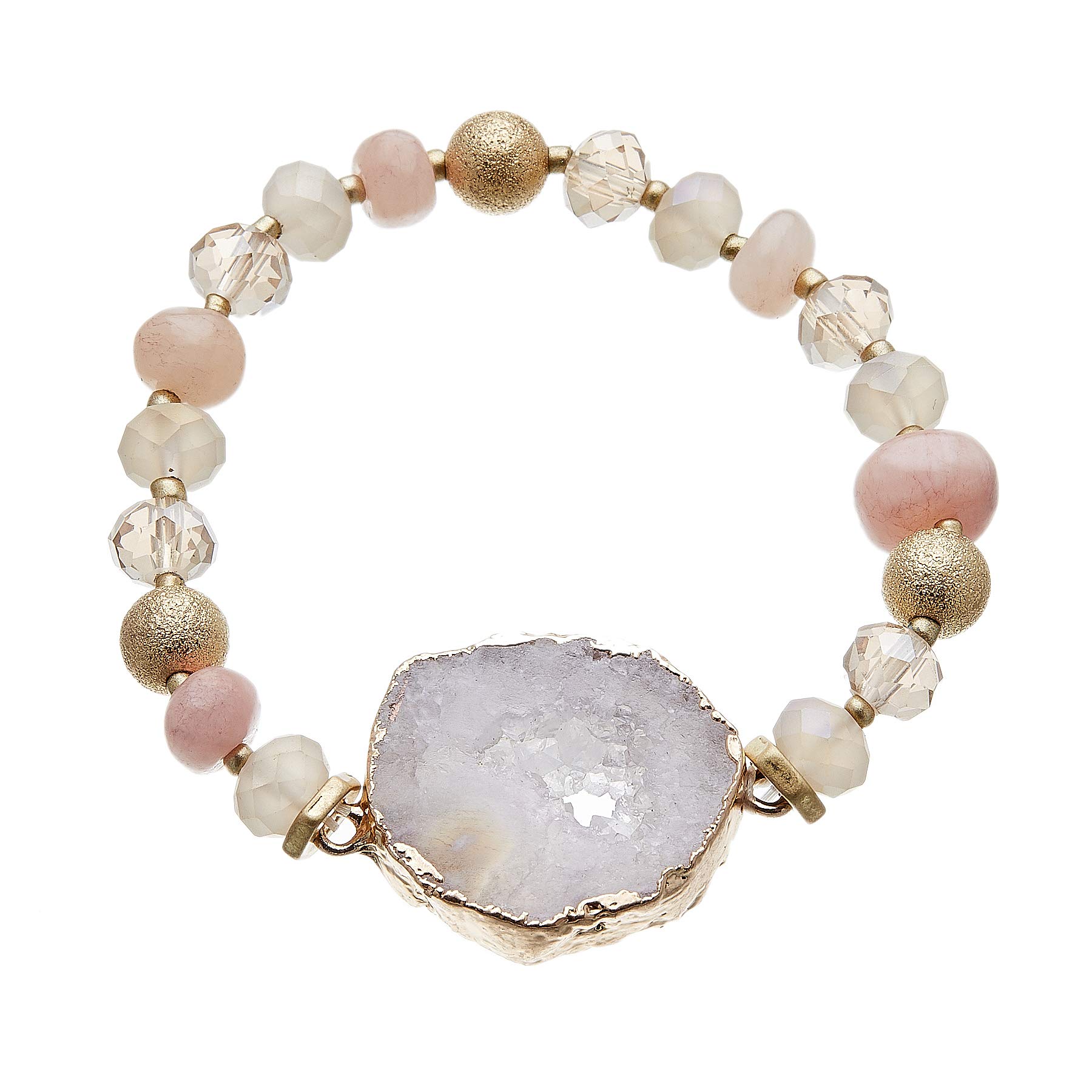 Bello London Beaded Stretch Bracelet with pink agate beads and a lilac druzy quartz stone - Jae P