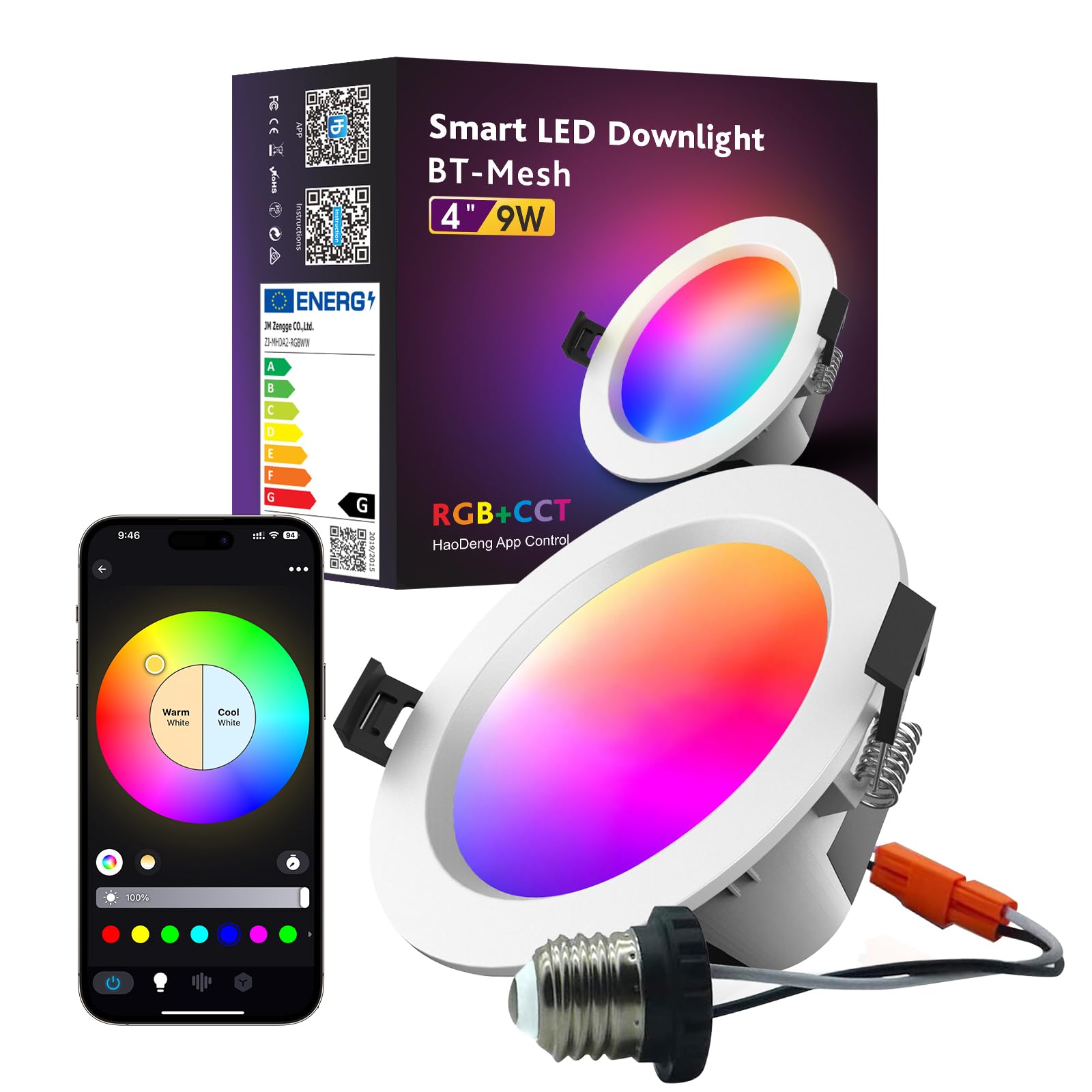Photo 1 of MagicLight Smart Recessed Light 4 Inch, Multicolorred, Dimmable by App, 2700K-6500K CCT Selectable, 9 Watts, CRI80+, Group Control, Music Sync, Bluetooth Mesh Smart LED Downlight, 1 Pack