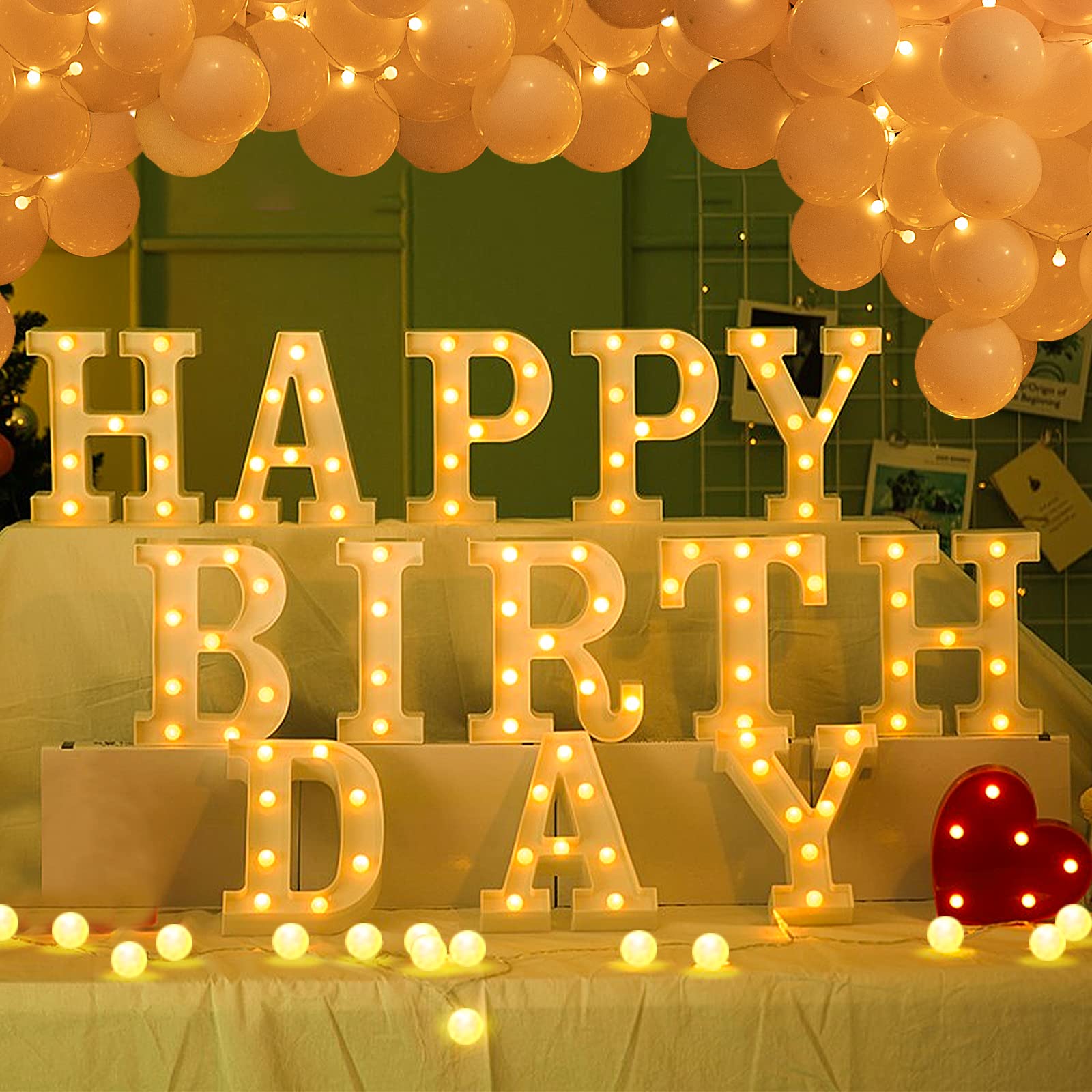Photo 1 of GPUSFAK 138pcs Happy Birthday Marquee Light Up Letters- LED Letter Number Light Sign with Round Light Balloons Decoration for Birthday Home Table Decor White