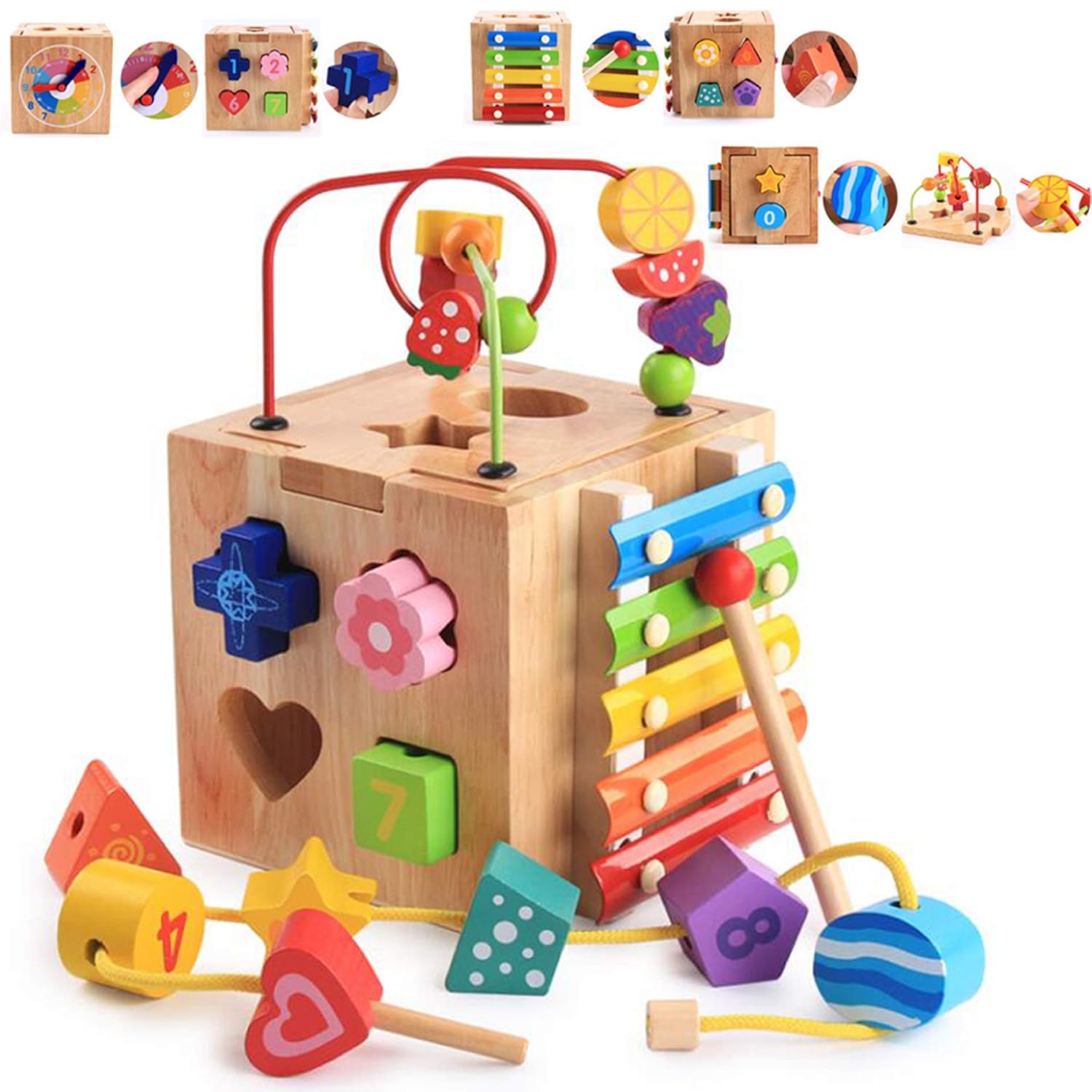 Multifunction Wooden Activity Cube 5in1 Center, Beads Maze Roller