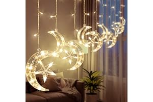 ILLUMINEW 138 LED Ramadan Decorations Moon Star Curtain String Lights, 8 Lighting Modes Warm White Hanging Lights for Indoor, Party, Patio Lawn Twinkle Lights (Adapter Powered)