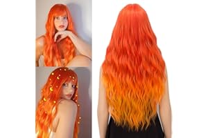 Netgo Orange Fire Wig for Women Long Wavy Heat Resistant Fiber Wigs Side Bangs Cosplay Party