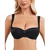 Pattsiao Women's Sexy Balconette Bra Lace Demi Half Cup Lightly Padded Underwire Low Cut Plus Size Bras Wide Straps