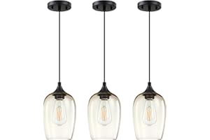 CJY CHENJINYAN 1 Light Hanging Indoor Kitchen Island Pendant Light 5.3" Glass Pendant Ceiling Light Fixtures Black Finish Farmhouse Dinning Room Over Sink Bedroom Bedside (Amber GLass, 3 Pack)
