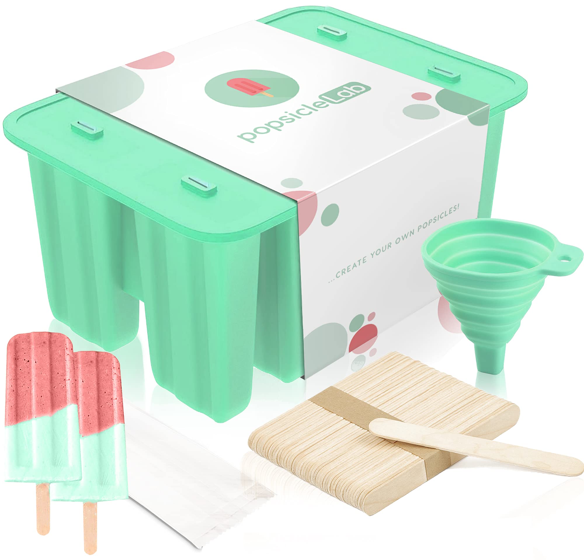 PopsicleLab Popsicle Mold Set, Food Grade BPA Free Silicone Popsicle Molds for Kids, Homemade Popsicles, Ice Cream Mold, Ice Pop Molds, Popsicle Holder and 50 Popsicle Sticks, 50 Popsicle Bags, Funnel