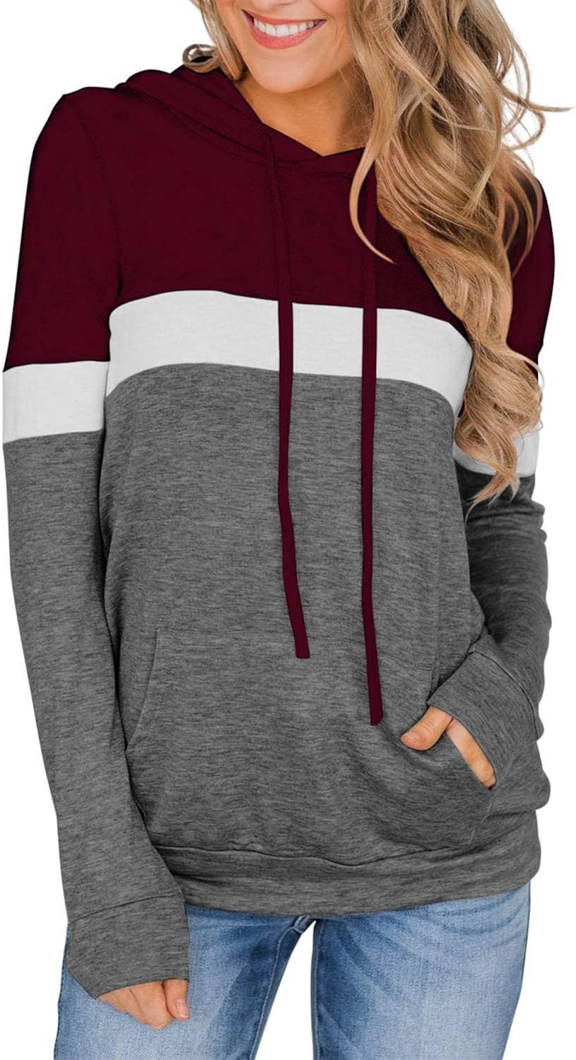 PINKMSTYLE Women's Casual Color Block Hoodies Tops Long Sleeve Drawstring Pullover Sweatshirts with Pocket(S-XXL) at  Women’s Clothing store