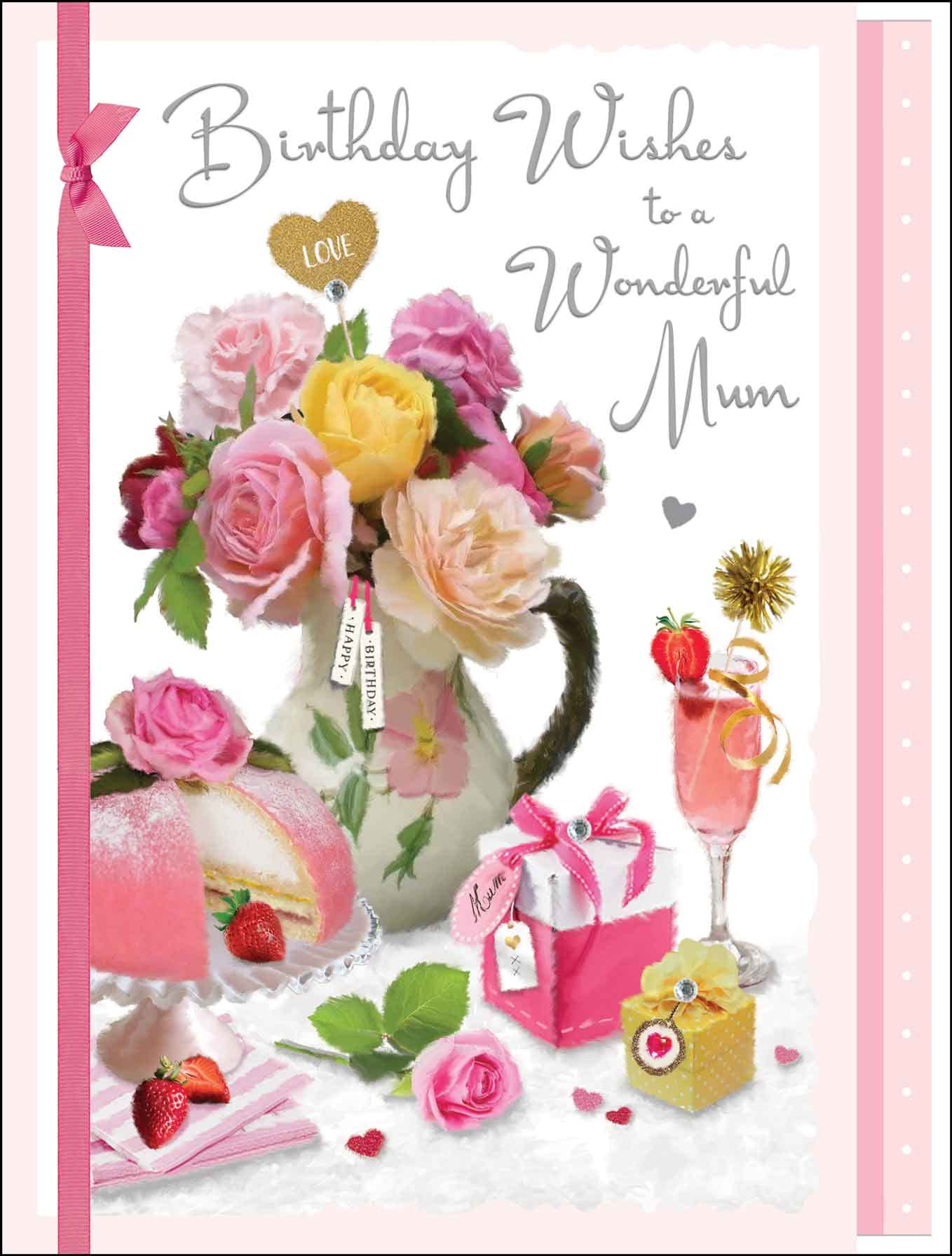 Jonny Javelin Artistic Birthday Greeting Card - 'Wonderful Mum' - Bouquet, Gifts and Cake Design - Ribbon Embellishment and Leaf Insert