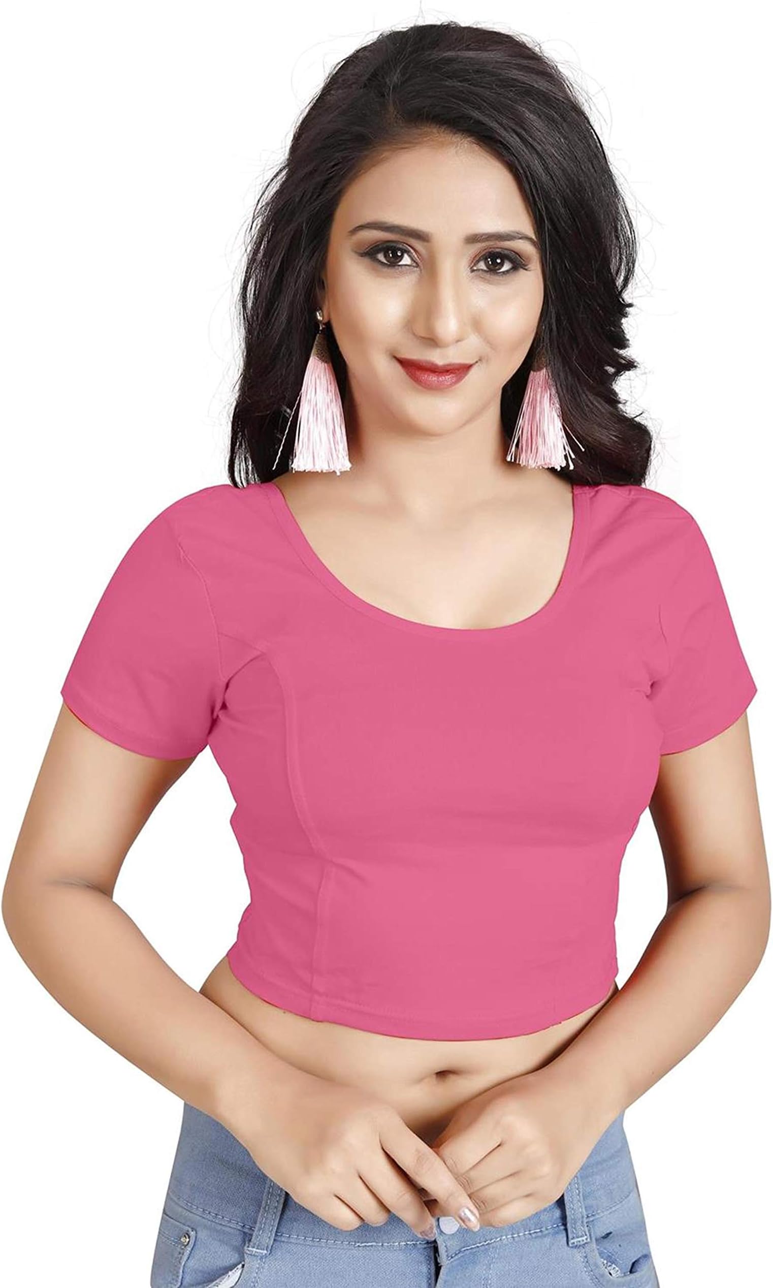 Indian Ethnic Design Stretchable Cotton Lycra Blouses Beige Tops Readymade Saree Blouses Short Sleeve Crop Top