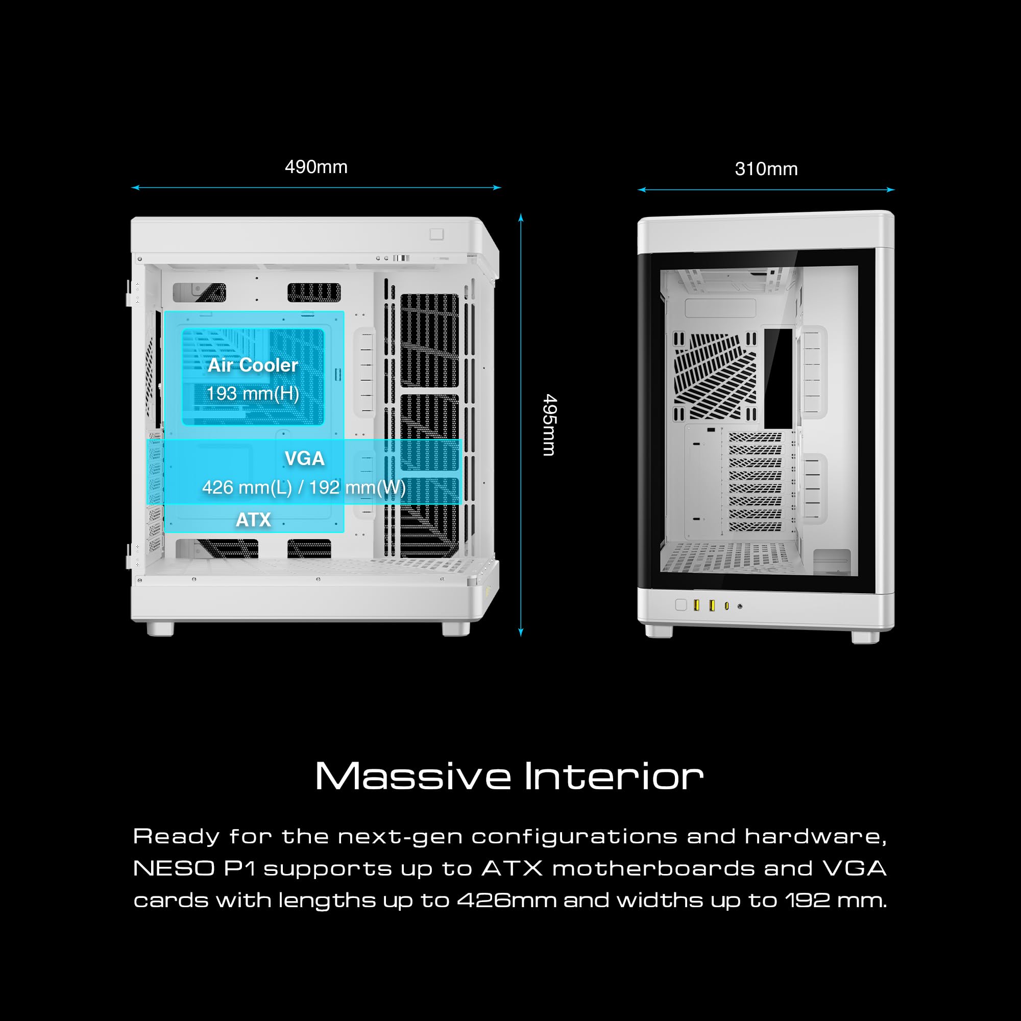 GAMDIAS RGB Dual-Chamber Panoramic Tempered Glass Gaming PC Case; 2-way Standing with Vertical & Horizontal Orientaton and One-touch Open; Computer Case support 420mm AIO & Huge Cable Management Space