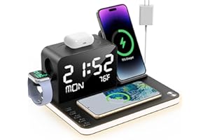 BezosMax 7 in 1 Charging Station with Clock, Wireless Charger with Night Light, Bluetooth TimeSync Temperature,Fast Charger for iPhone 16/16 pro/16 pro max/15/14/13/12/11 All Series & Airpods& iWatch