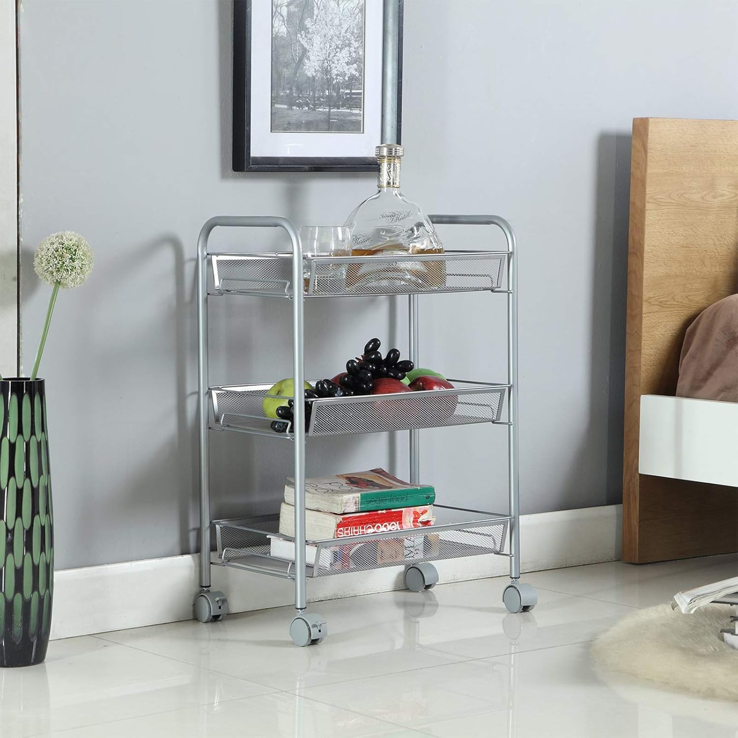 Homfa 3-Tier Mesh Wire Rolling Cart Multifunction Utility Cart Kitchen Storage Cart on Wheels, Steel Wire Basket Shelving Trolley,Easy Moving,Silver: Home & Kitchen