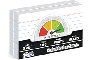 Chell Extra Heavyweight Ruled Index Cards 3x5 Inch, No Bleed-Through, 100 Count, Ruled Front and Blank Back, 85 lb. Cover Weight, White