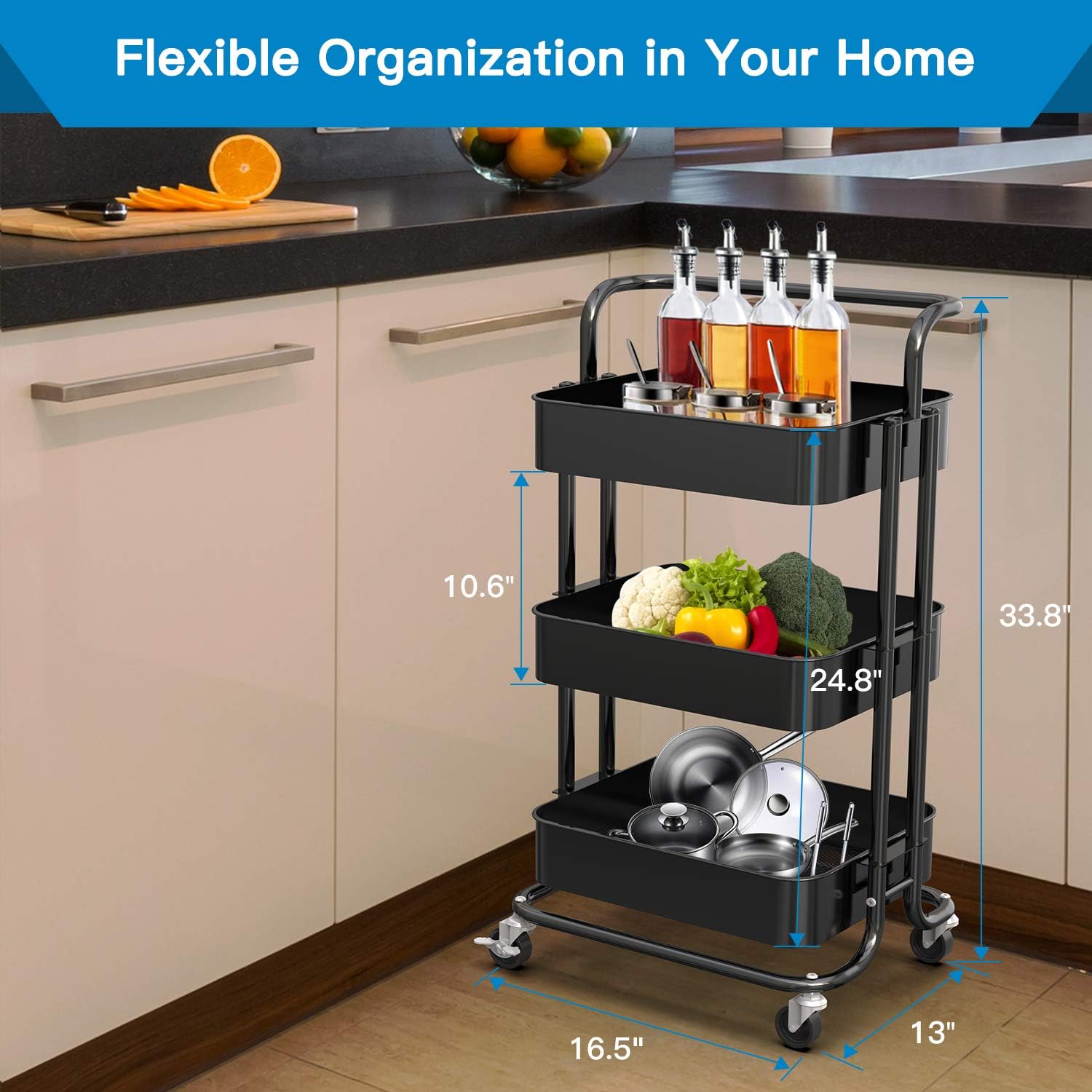 Pipishell 3 Tier Mesh Utility Cart, Rolling Metal Organization Cart with Handle and Lockable Wheels, Multifunctional Storage Shelves for Kitchen Living Room Office, Black: Home & Kitchen