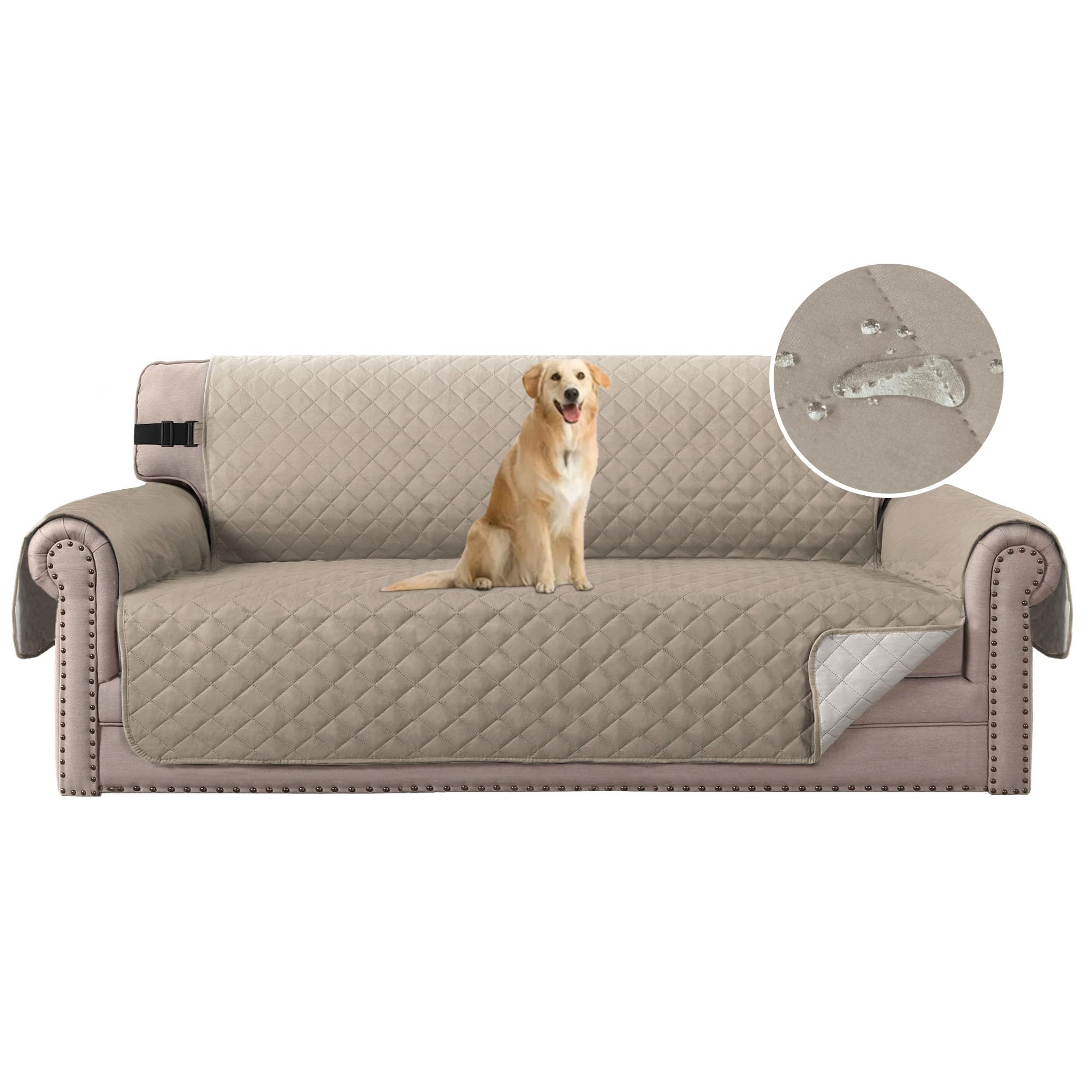 H.Versailtex Reversible Quilted Furniture Protector with Adjustable Elastic Strap, Seat Width Up to 66" Couch Covers 3 Seater for Kids, Microfiber Soft, Water-Repellent (Sofa, Sand/Beige)