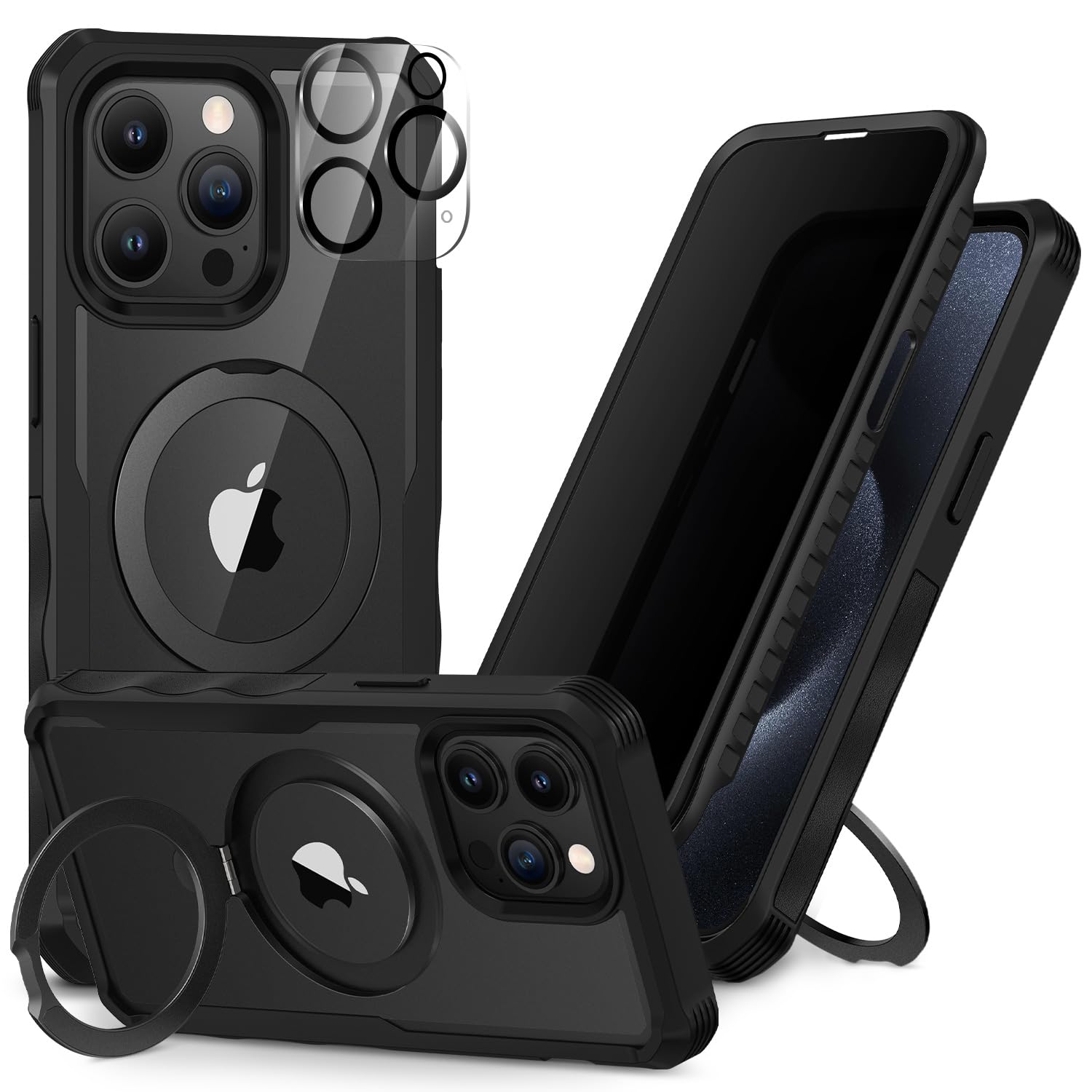 Photo 1 of CENHUFO Privacy for iPhone 15 Pro Case, Full Body Phone Case [Compatible with Magsafe] Built-in 9H Tempered Glass Privacy Screen Protector and Magnetic Ring Stand, Clear Camera Lens Cover - Black