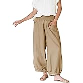 Xiaoxuemeng Womens Wide Leg Pants Cotton Linen Barrel Pants Elastic Waisted Lounge Trousers with Pockets