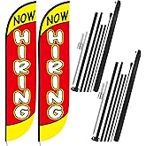 Fanfanwin 2 Pcs Now Hiring Flags 15 ft Now Hiring Signs with Pole Kit and Ground Stake Job Fair and Help Wanted Event Flag Advertising Feather Banner for Business Job Fair Recruit Event