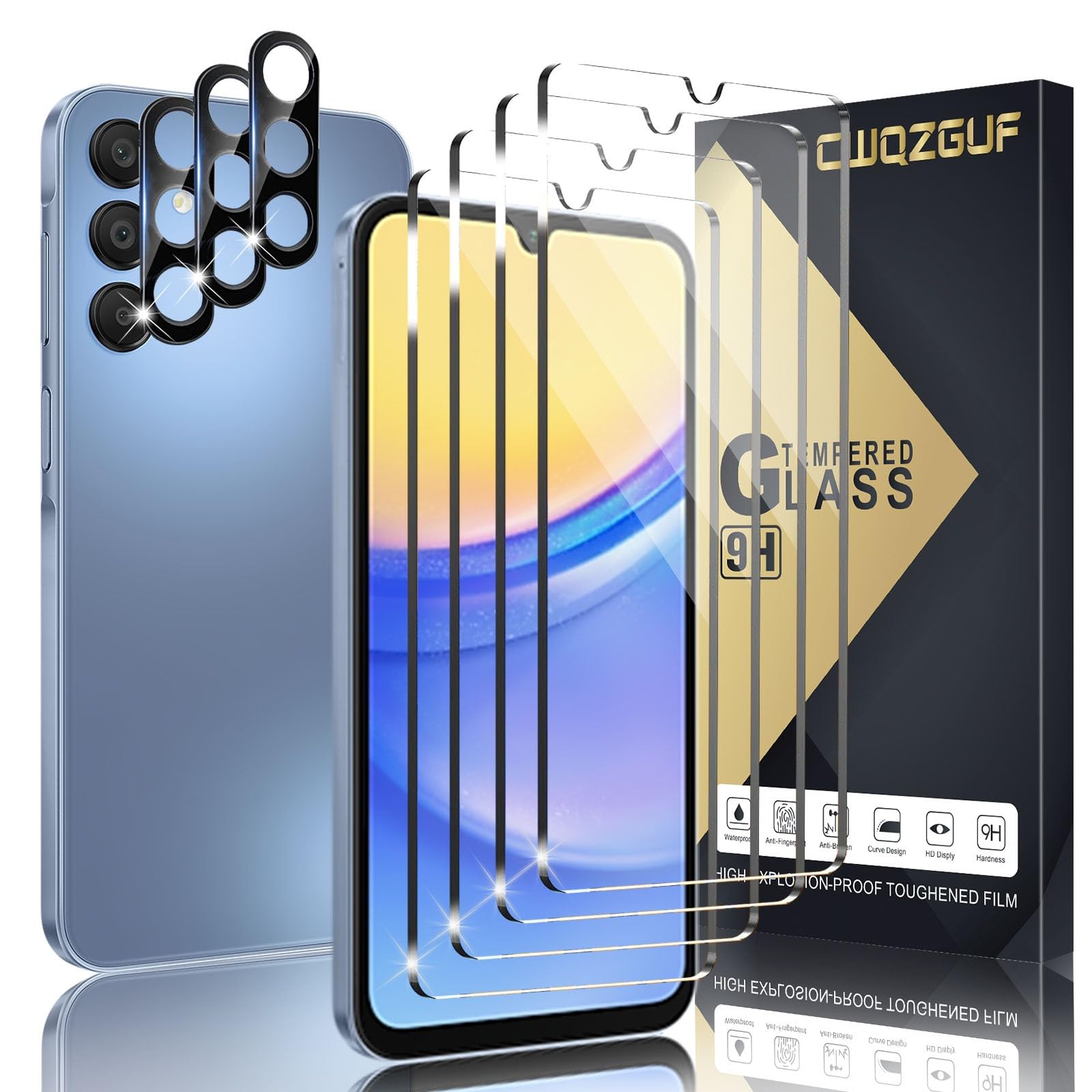 Xiezezei [4+3 Pack Screen Protector Compatible with Galaxy A15 5G, 4 Tempered Glass with 3 Camera Lens Protectors, High Clarity, Anti-Shatter, Bubble Free