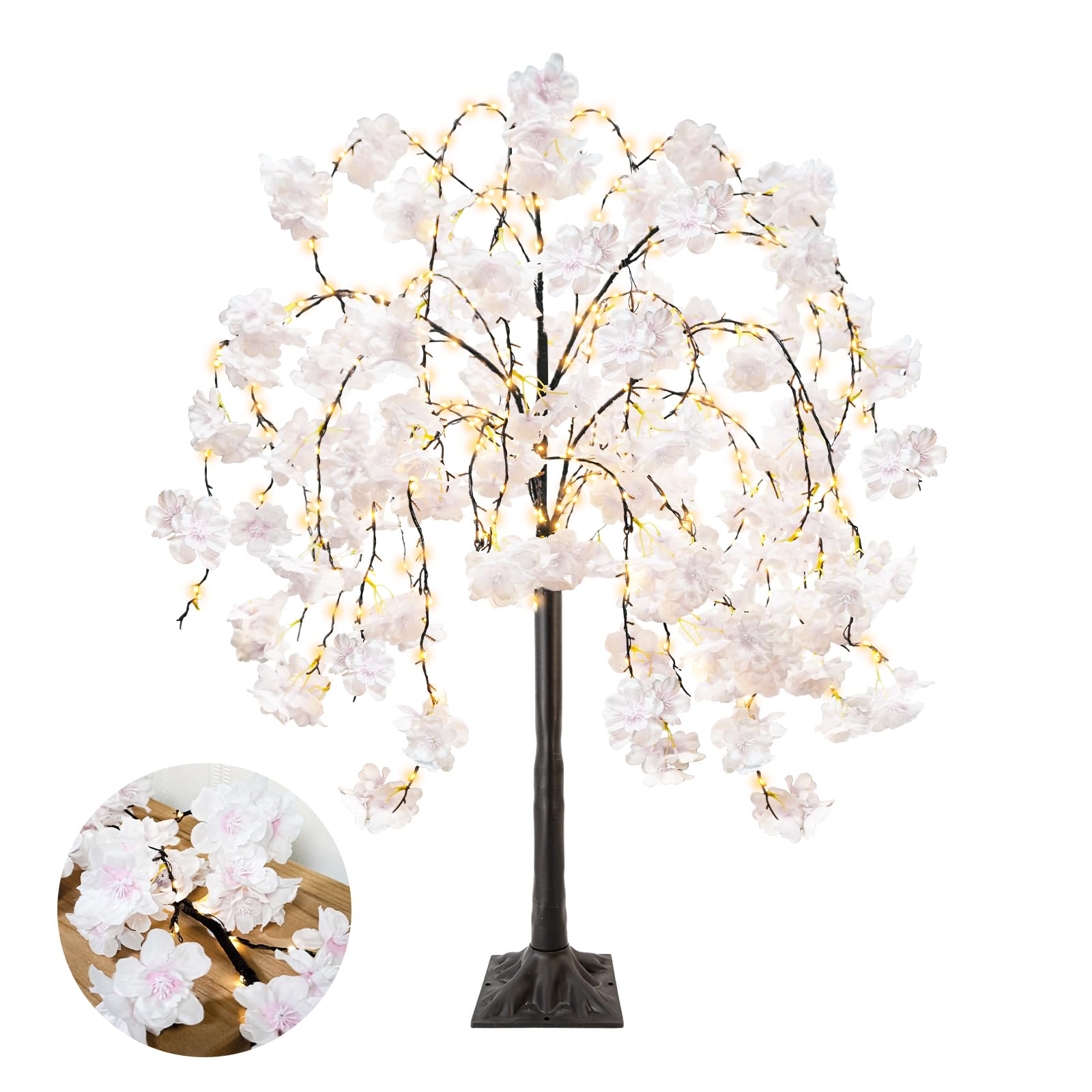 Photo 1 of obbsie 4FT Cherry Blossom Tree with 360 LED Fairy Lights Artificial Lighted Tree with 8 Lighting Modes Light Up Pink Tree with Faux Flowers for Spring Wedding Party Indoor Outdoor Decor