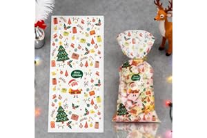 50pcs Christmas Cellophane Treat Bags with Ties Plastic, Santa Goodie Candy Cookie Loot Gifts Bags, Bulk Pouches for Christma