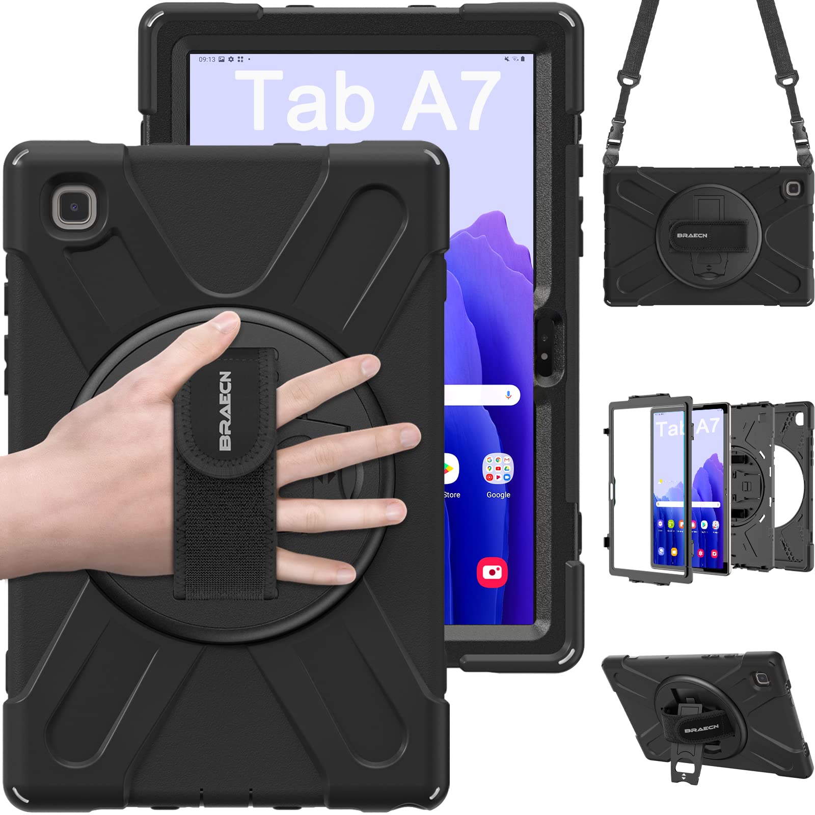 BRAECN Case for Samsung Galaxy Tab A7 10.4 Inch (Model SM-T500/SM-T503/SM-T505/SM-T507), Heavy Duty Shockproof Case with 360° Rotating Hand Strap and Kickstand, Carrying Shoulder Strap - Black