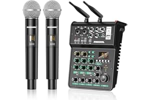 RIWORAL 4 Channel Audio Interface With Dual Wireless Mic Sound Board Console MP3 Bluetooth 48V Phantom Power USB Interface Audio Mixerfor Home Karaoke Party Computer Studio Recording