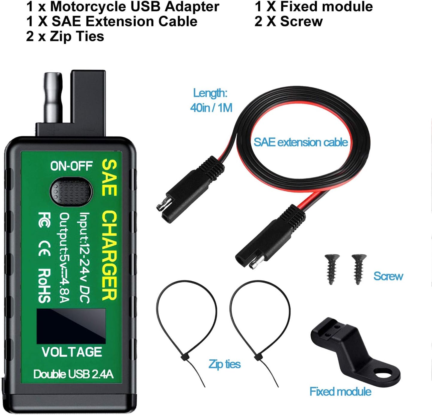 【Upgraded Version】 YONHAN 4.8A Motorcycle USB Charger SAE to USB Adapter with Voltmeter & ON/Off Switch, 3 Install Options Waterproof Quick Disconnect Plug for Smart Phone Tablet GPS