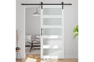 COSHOMER 36in x 84in 5-Panel Sliding Glass Barn Door with 6.6ft Hardware Kit Included, Easy Assembly with Pre-Drilled Holes, Waterproof, Frosted Glass for Bathroom-Fit Max Opening 34in x 82in, White