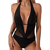 SOLY HUX Women's One Piece Swimsuits Deep V Neck Halter Mesh Monokini Bathing Suits Beachwear