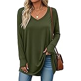 Oakgarden Women's Long Sleeve Shirt Oversized Cotton V Neck Curved Hem Top Knit Casual Loose Fit T-Shirt with Thumb Holes
