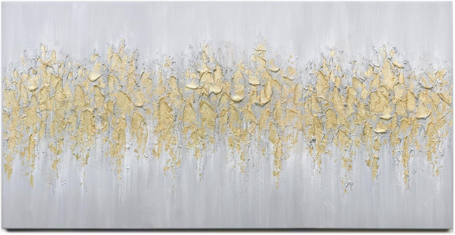 Paintings - Zessonic Abstract Wall Art for Living-room Decor - Large Hand-Painting Canvas in Gold and White Hues Glitter Abstract Artwork for Modern, Contemporary Decor, 48