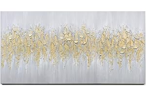 Zessonic Abstract Wall Art for Living-room Decor - Large Hand-Painting Canvas in Gold and White Hues Glitter Abstract Artwork for Modern, Contemporary Decor, 48" W x 24" H