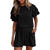 KIRUNDO Two Piece Sets For Women Summer Casual Loose Ruffle Short Sleeve Matching Shorts Sets Beach Vacation Cruise Outfits