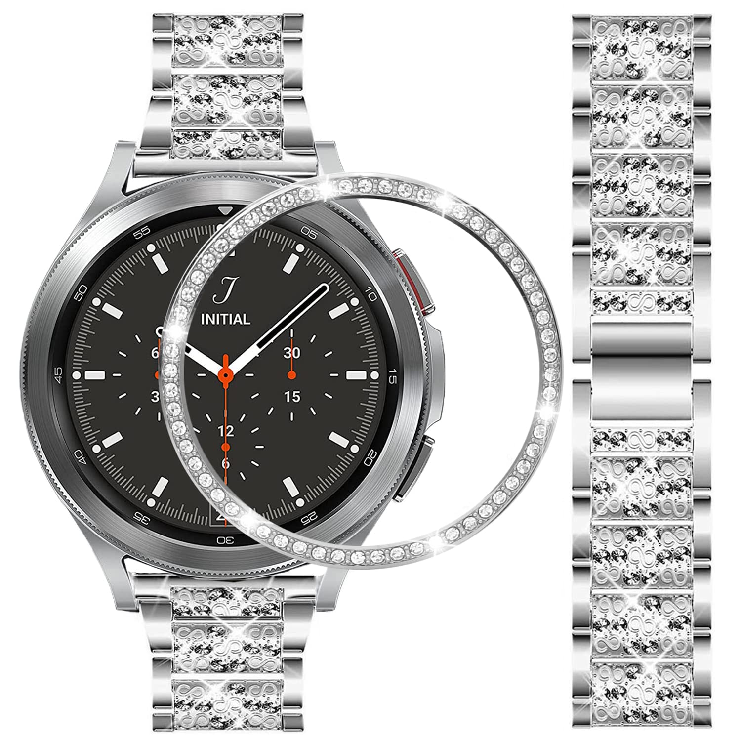 DEALELE Strap Compatible with Samsung Gear Sport / Galaxy Watch 42mm / Galaxy 4 Classic (42mm), 20mm Luxury Rhinestone Diamond Metal Bracelet with Bezel Ring Cover Replacement for Women Men, Silver