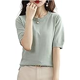 Womens Short Sleeve Sweaters Tops Crew Neck Cotton Pullover Shirt Lightweight Knit Blouse