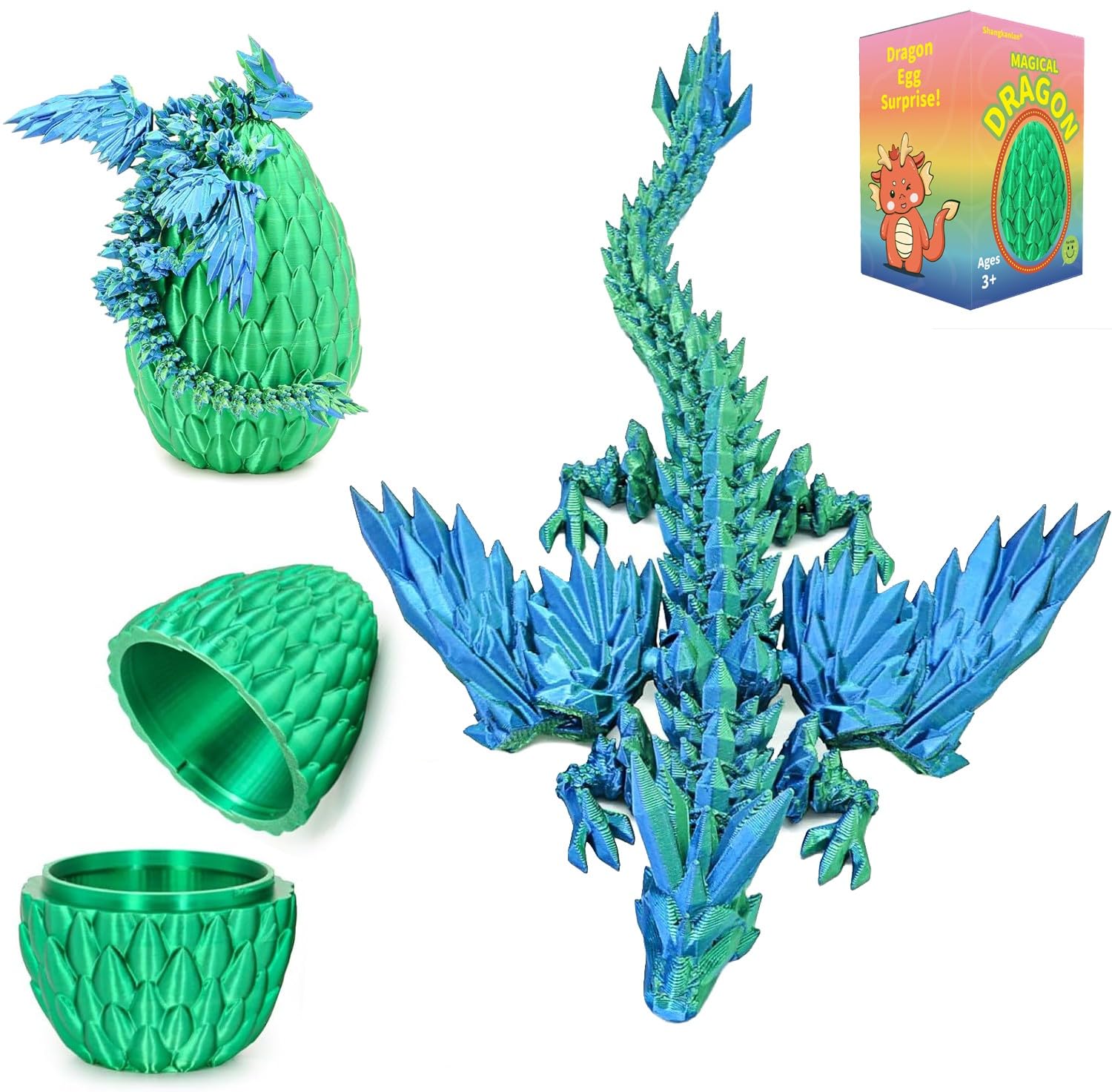Shangkanlan 3D Printed Dragon in Egg - Fully Articulated Crystal Figurine for Christmas Easter Birthdays, Executive Desk Decor (Green) — image 1