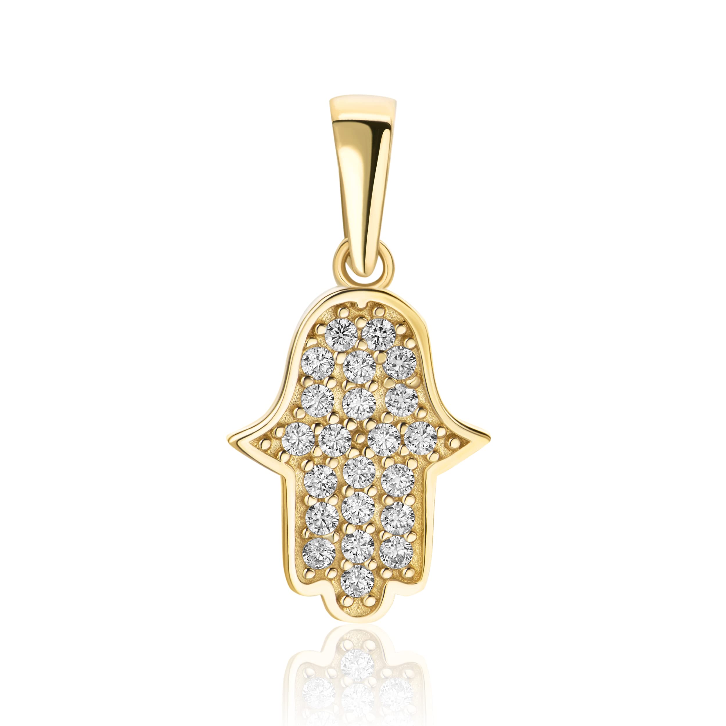 PRINS JEWELS Small Hamsa Hand of Fatima Pendant 14 Carat 585 Yellow Gold with Zirconia Stones, Gold, Cubic Zirconia