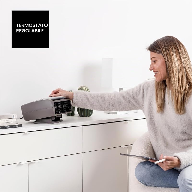 - Termoventilatore CA2400 2400W, 2 potenze di calore, ventilatore aria fredda, termostato regolabile, compatto. Grigio.