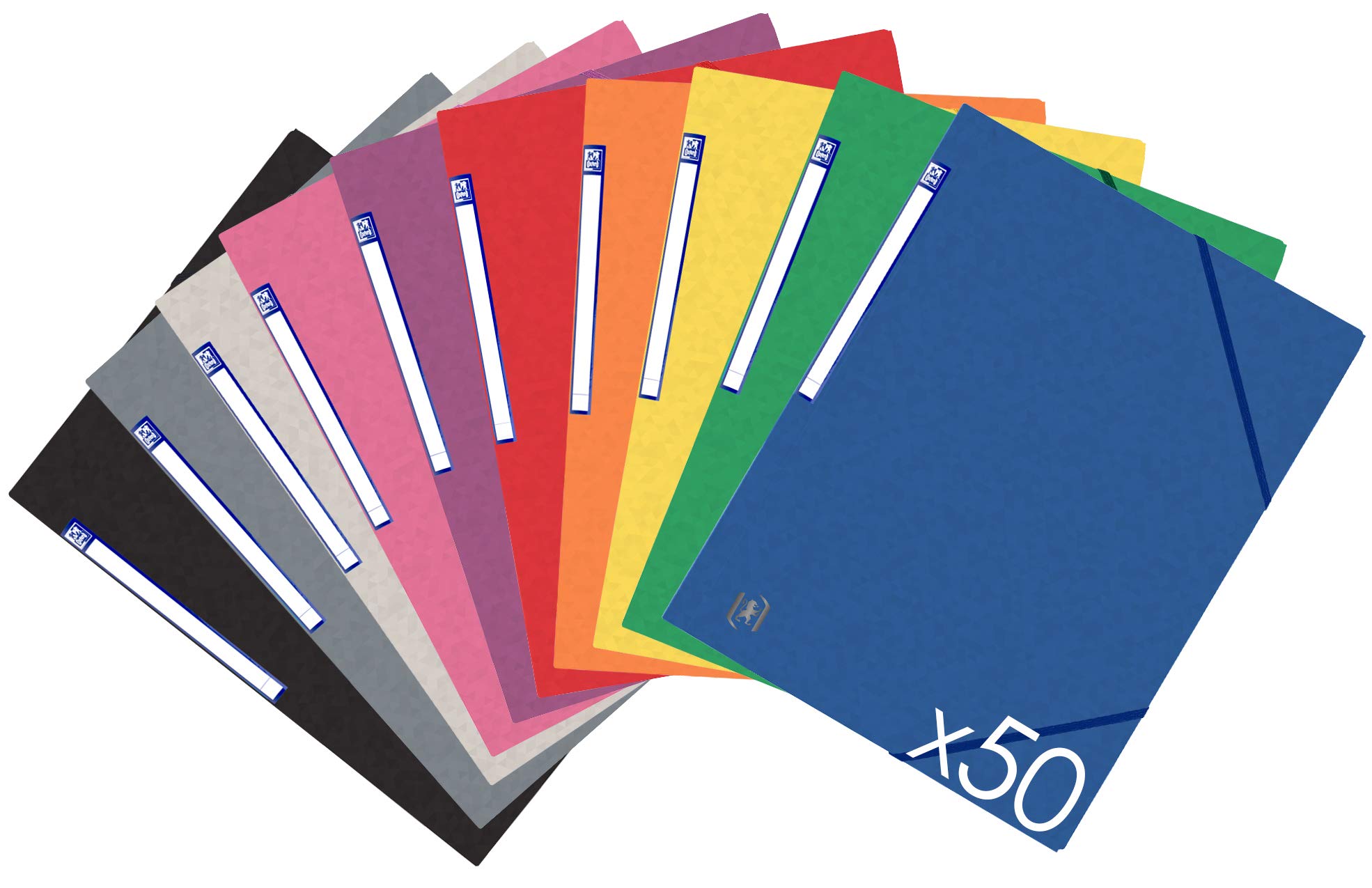 Oxford 50 x A4 3 Flaps Cardboard Folders with Elastic Fasteners - 10 Assorted Colours