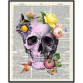 Skull Wall Decor - Gothic Skull Wall Art Print - Pink Shabby Chic Pop Art Poster for Medical Doctors Office - Unique Room Decorations or Gift for Women, Teens Bedroom - Floral Butterflies Hummingbird