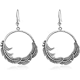 Teppdfann Silver Boho Earrings – Silver Circle Drop Dangle Earrings with Feather Design, Vintage Round Jewelry for Women