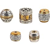 HannaFires 5PCS Antique Silver & Gold Round Tibetan Om Mani Padme Hum Beads – Cloud Pattern Spacer Beads for DIY Bracelet & Necklace Jewelry Making, Auspicious Clouds, Great Wall Patterns