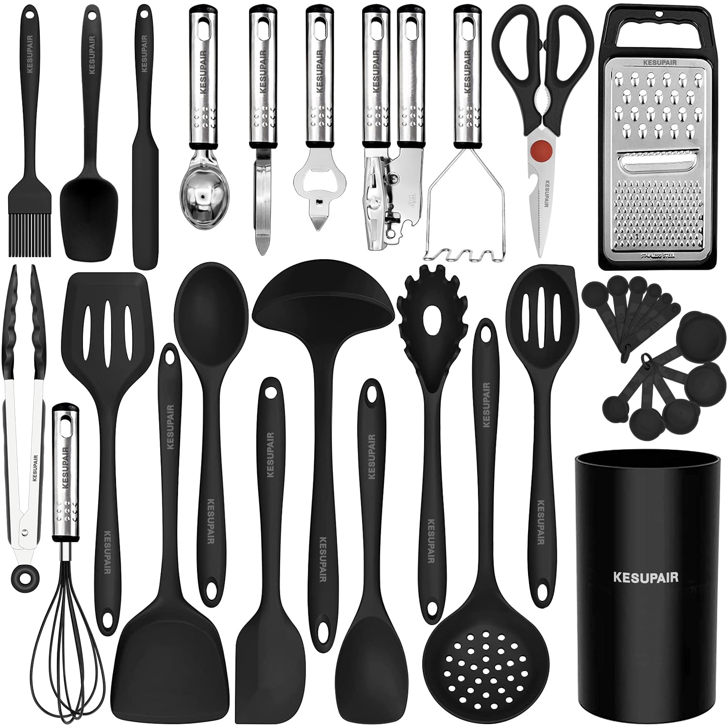 Photo 1 of Kitchen Utensils Set - 446°F Heat Resistant Silicone Cooking Utensils Set-Kitchen Tools and Gadgets for Cooking Nonstick Cookware with Tongs,Turner,Spatula,Spoon,Brush,Peeler,Grater,Scissors(Black)