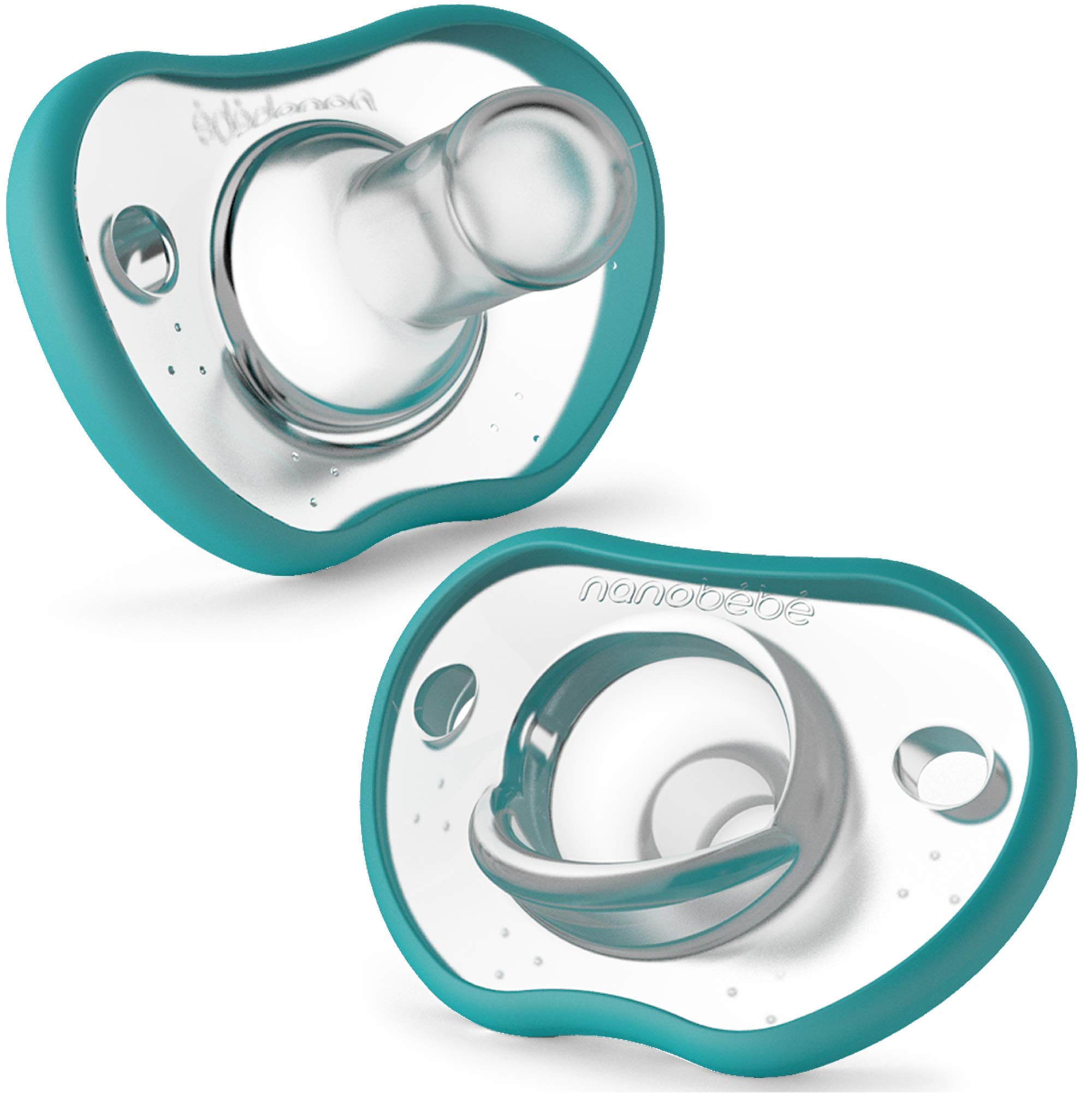 Nanobebe Baby Soothers 3+ Month - Orthodontic, Curves Comfortably with Face Contour, Award Winning for Breastfeeding Babies, 100% Silicone - BPA Free. Perfect Baby Gift 2pk, Teal
