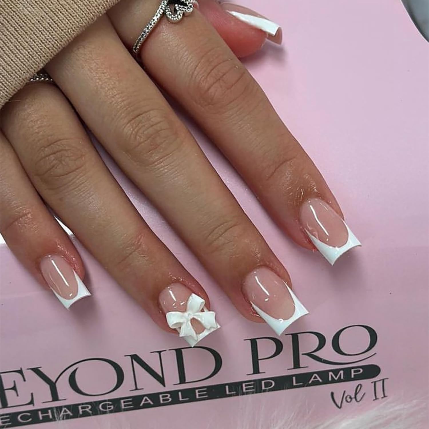 Pink Press on Nails Short Square Fake Nails White French Tip Full Cover Glue on Nails Solid Color Glossy Nude Pink Designs Cute False Nails Stick on Nails for Women Girls Acrylic Manicure Salon 24Pcs